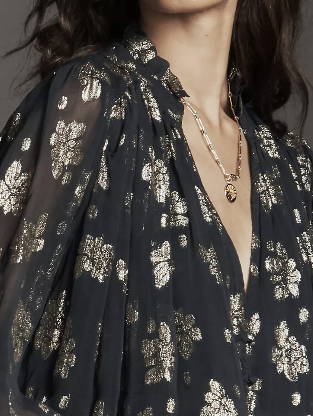 Anthropologie Navy Sheer Metallic Floral Blouse M - Boho Luxe & Chic!
